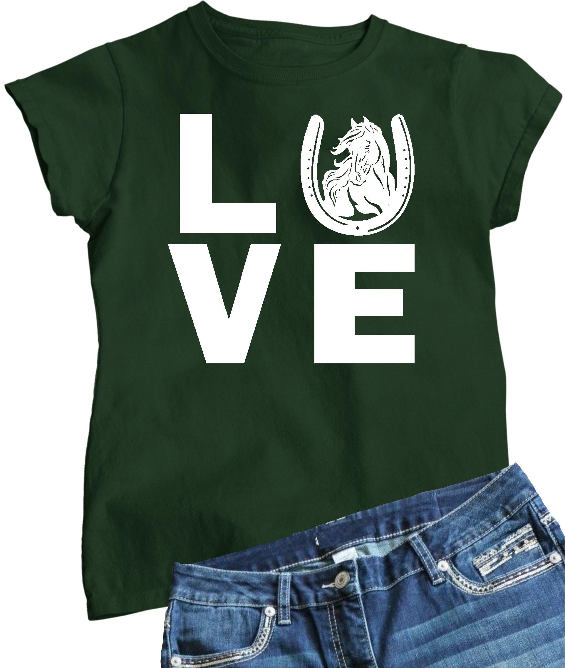 Small Forest Green Women Love Horses Horse Lover Equestrian T-Shirt