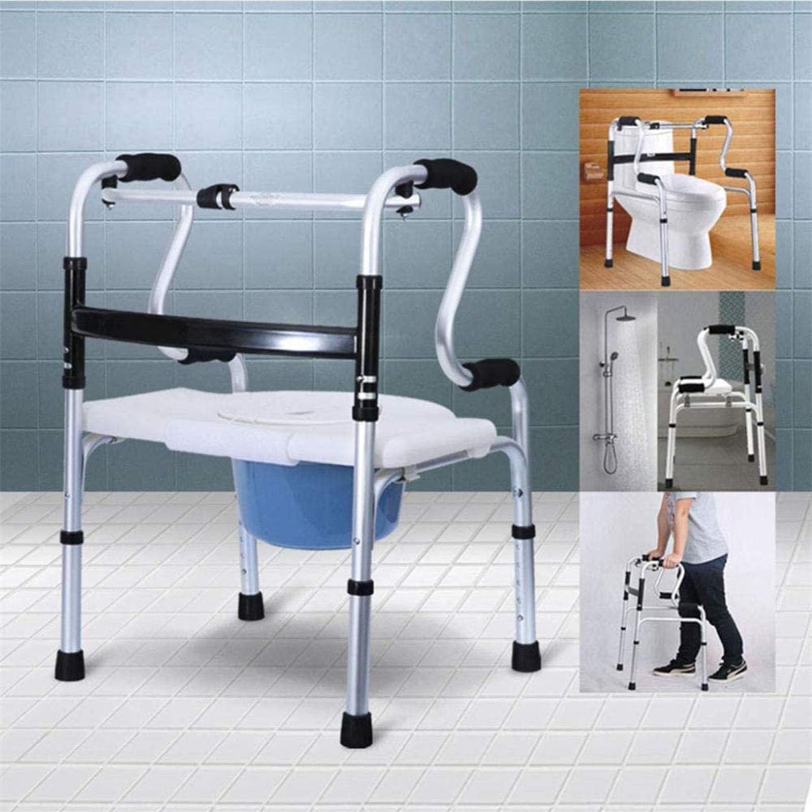 Andador Anciano, Andador Dos Ruedas, Andador Adulto, Ligero/De Aluminio/Plegado/con Asiento De Plástico, Altura Ajustable, Apoyabrazos para Inodoro