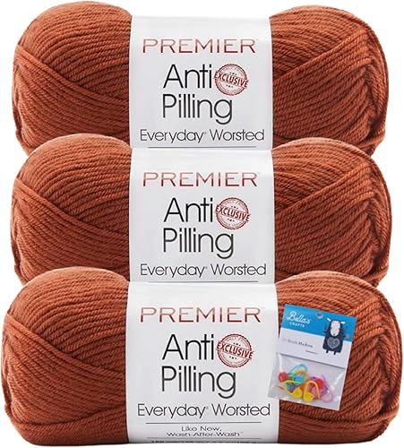 Premier Yarns Everyday - Ovillo de lana suave que no forma bolitas, 3.5 onzas, peso medio #4, paquete de 3 unidades con marcadores de puntada