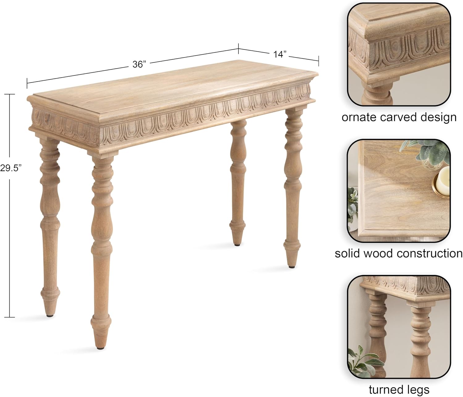 Kate and Laurel Patresa Traditional Carved Wood Console Table; 36 x 30 x 14; Natural; Decorative Rectangle Entryway Table with Wooden Carving Details and Turned Legs