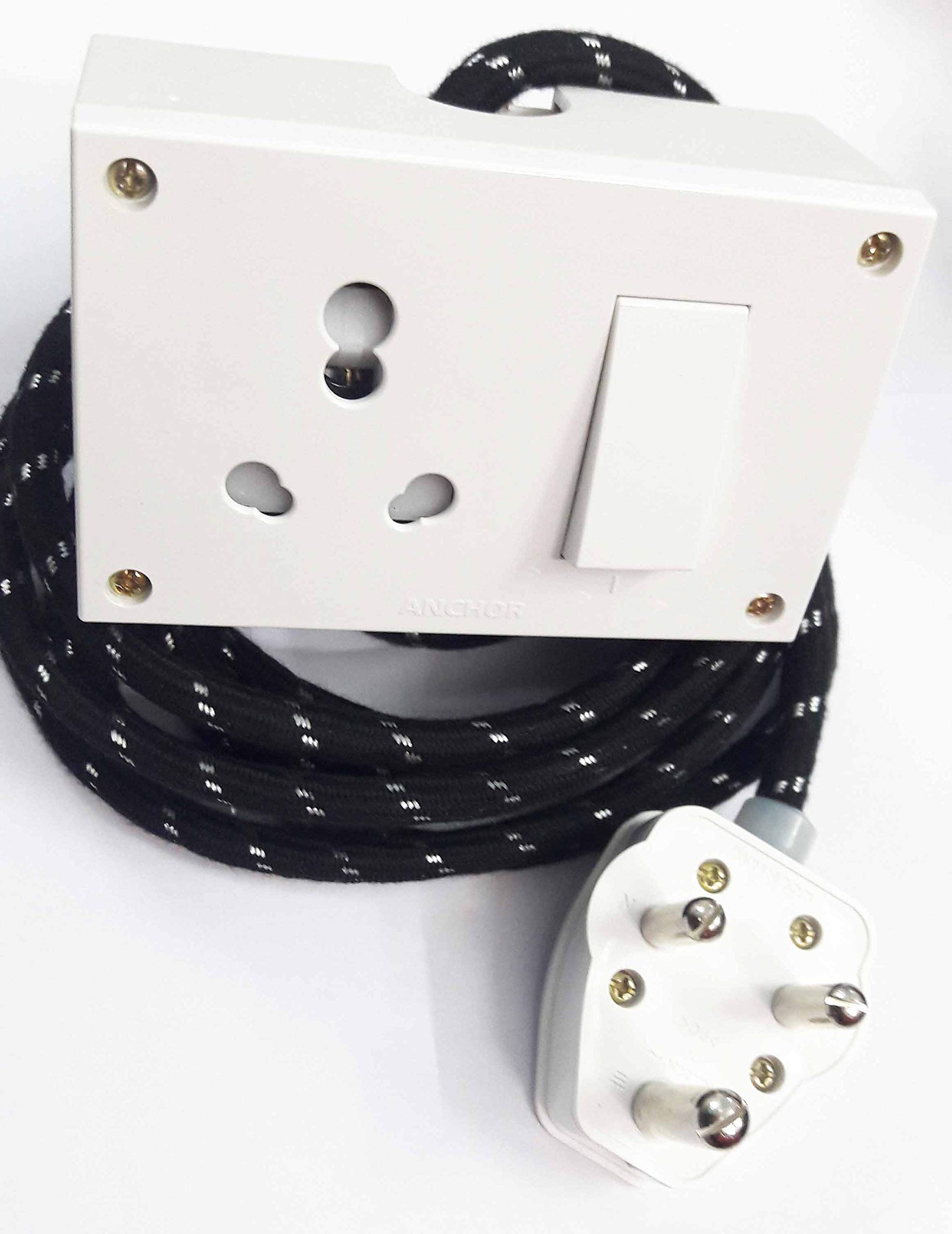 Tia 16 Ampere 1 Sockets Power Extension Cotton Cord (Black) with Anchor Socket and Plug-3 MTS.-image-36