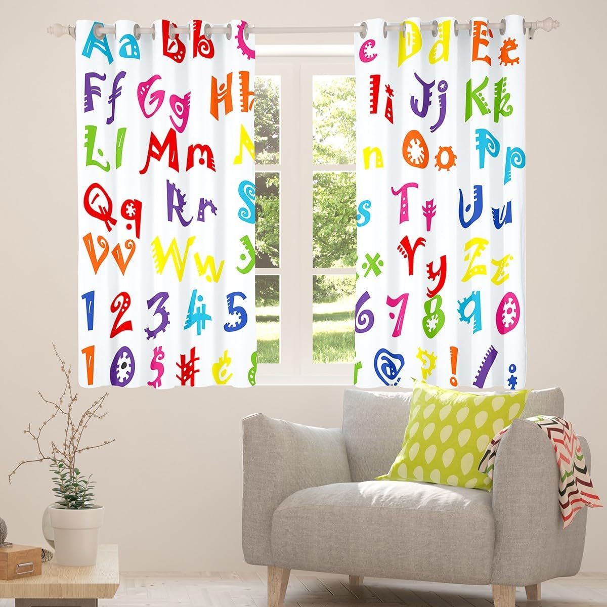 Alphabet Numbers Curtains ABC English Letters Darkening Drapes for Bedroom Living Room Decor Colorful Crayon Themed Thermal Insulated Shades Cute Modern Window Treatments, 2 Panels 52 x 84 Inch