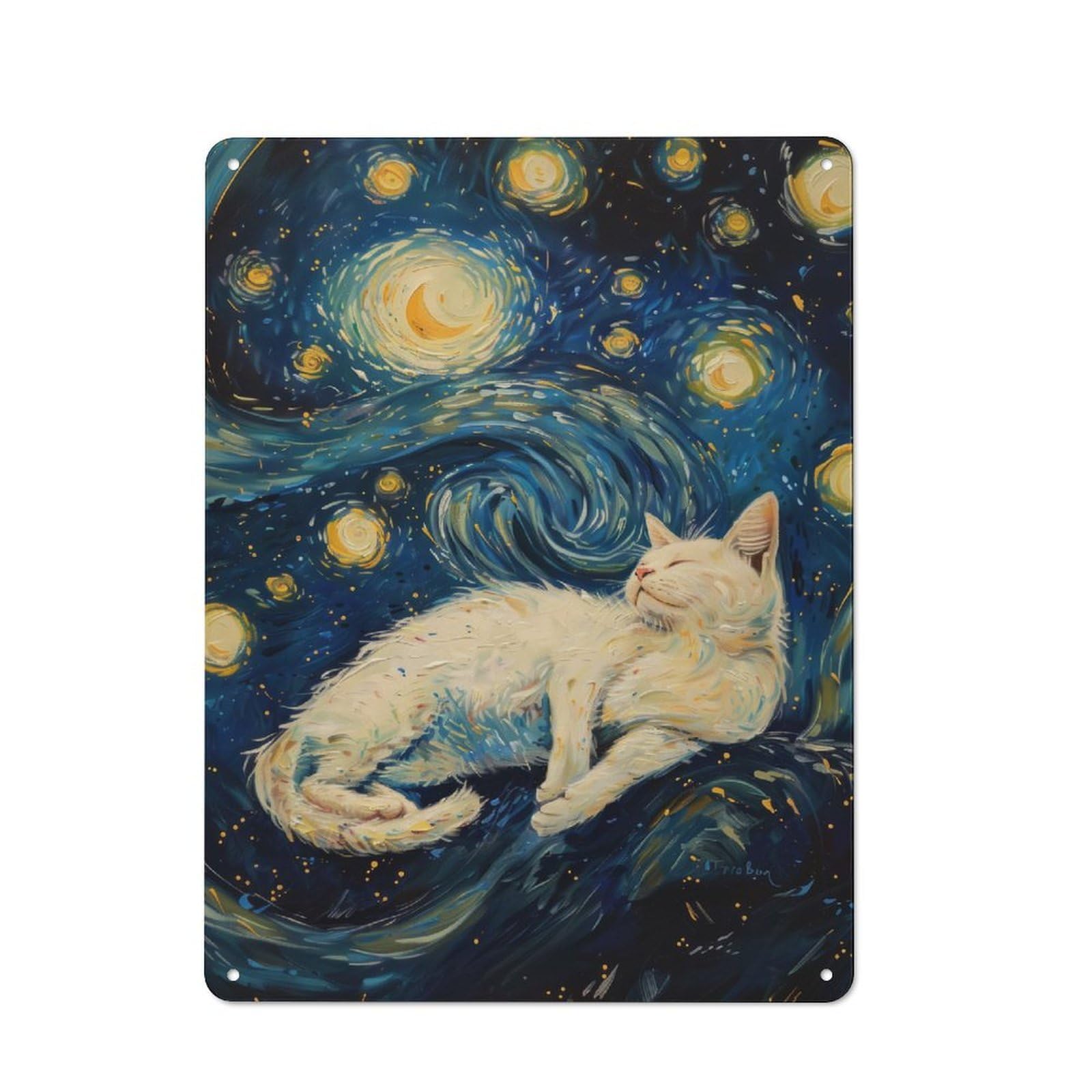 Starry Night White Cat Rustic Metal Wall Decor 40x30cm, Decorative Metal Plaque for Shed, Garden Room, Porch Or Garage