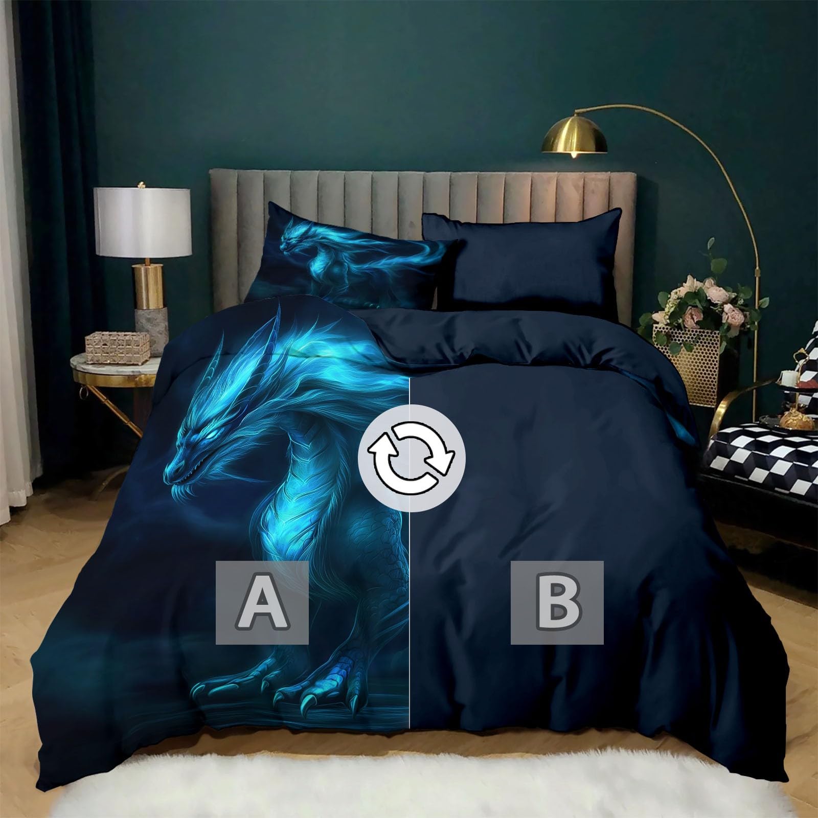 Bettwäsche 200 x 220 cm 3teilig Fantasie Riesendrache Anime Wendebettwäsche Set, Weich Kuschelig Microfaser Schwarz Kinderbettwäsche Teen Bettbezug mit Reißverschluss und 2 Kissenbezug 80x80cm