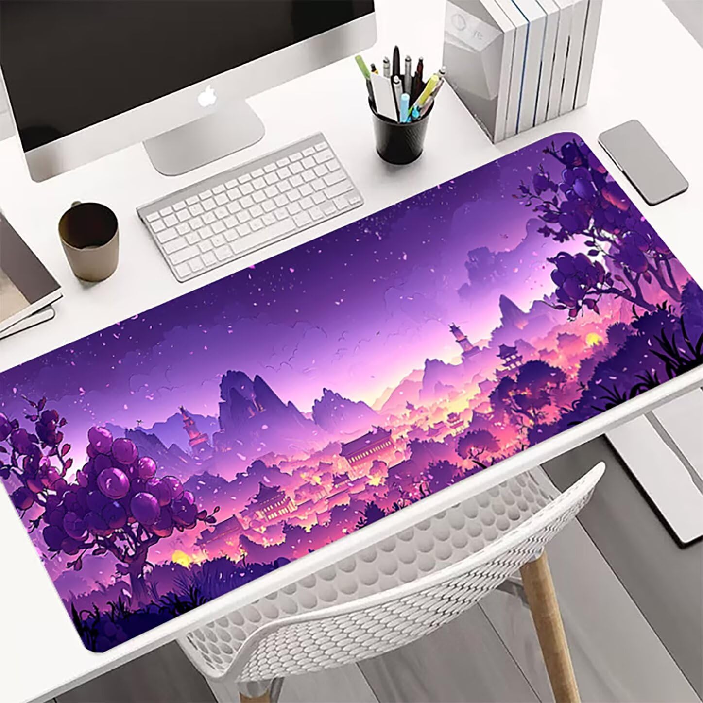 Lpfieonn Japanischer Stil Schreibtischunterlage XXL, Landschaft Schreibtischunterlagen Großes, Gaming Mousepad XXL mit ernähter Rand und Rutschfeste Gummibasis, für PC/Laptop/Mausa 120x60cm PF-2166