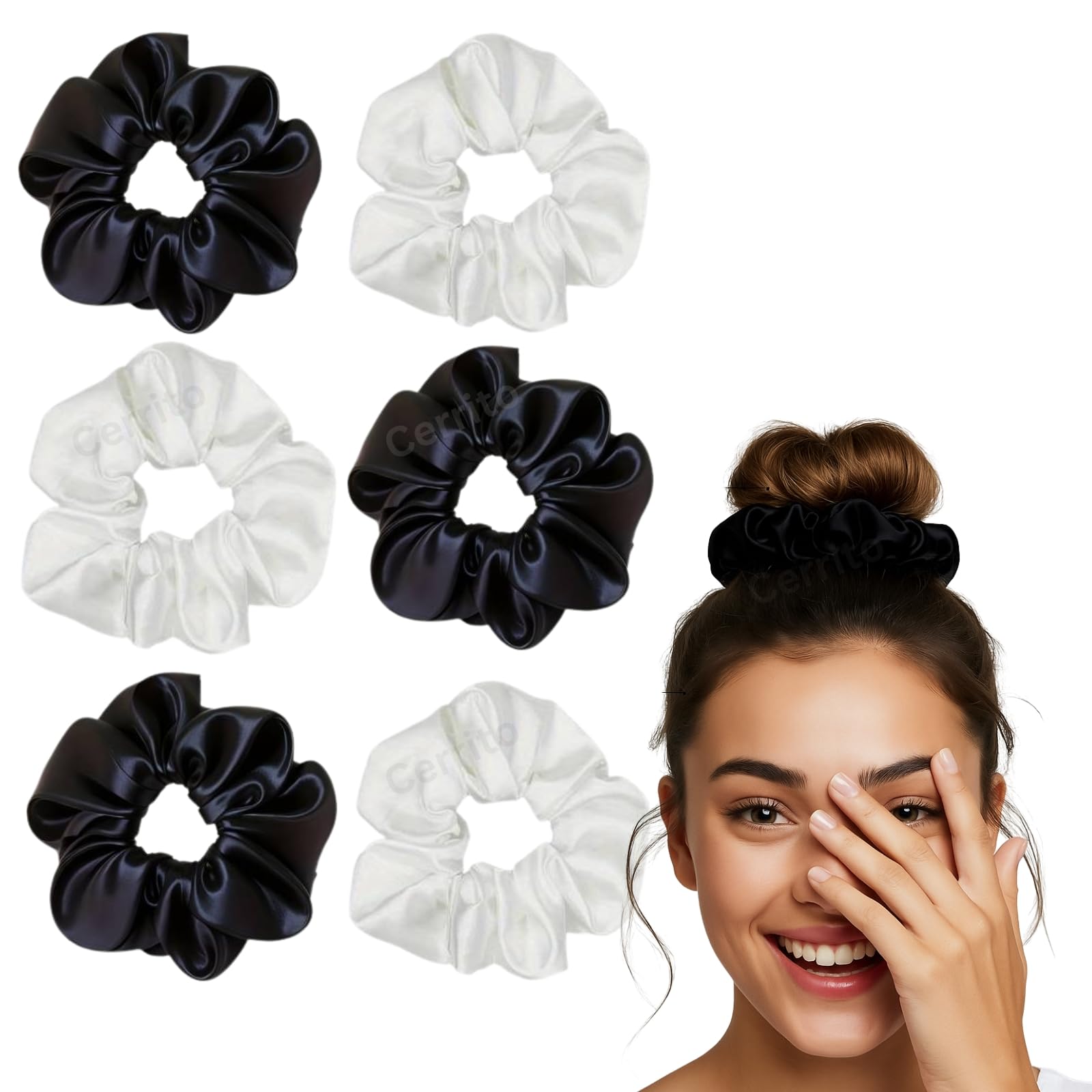 Cerrito Satin Hair Scrunchies for Women & Girls – Soft, No-Crease, Gentle Hair Ties for Thick, Curly, Straight, or Fine Hair – Smooth Silk-Feel Elastic Scrunchy Set for Styling, Sleep Regular Wear (Black & White-6 Pcs)