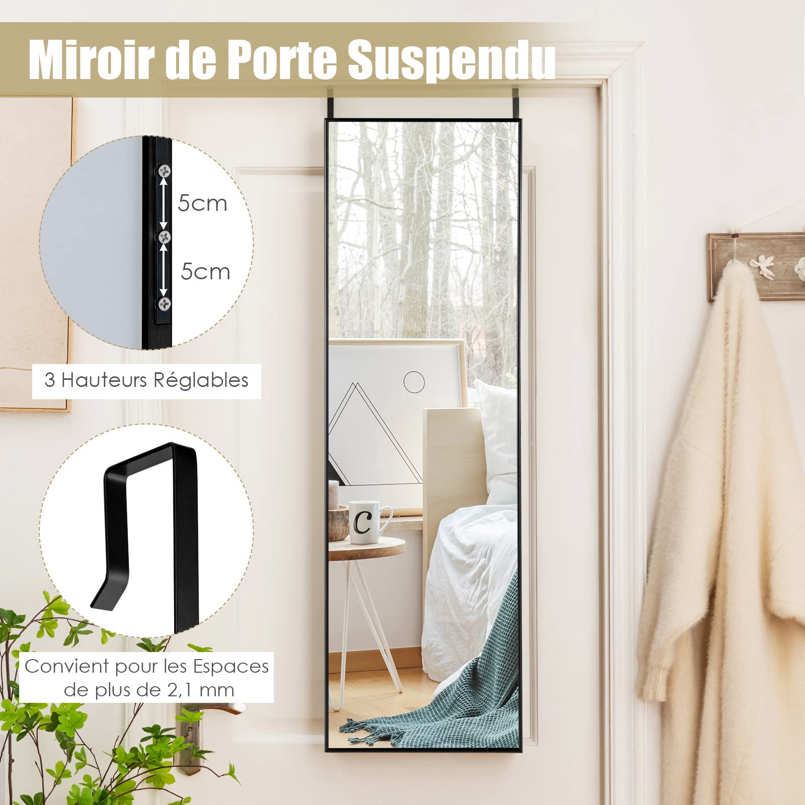 COSTWAY Miroir 120 x 37 cm Au-Dessus de la Porte, Miroir Pleine Longueur Cadre en Alliage d'Aluminium et Verre Incassable, Crochets pour Vestiaire Chambre Salon (Noir)