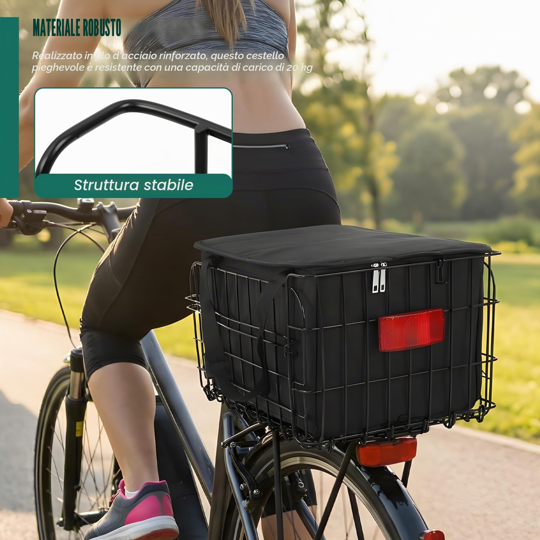 Spesh Cestino pieghevole per bicicletta in filo di acciaio con borsa nera in PU Liner Design a sgancio rapido per il trasporto della spesa