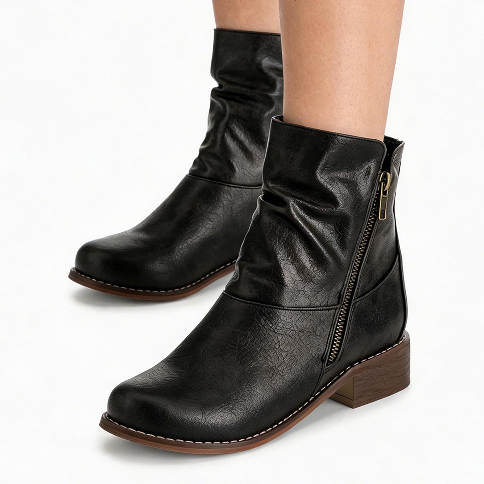 Botines Moto Vintage Mujer Puntera Redonda Tacón Bloque Bajo Cierre