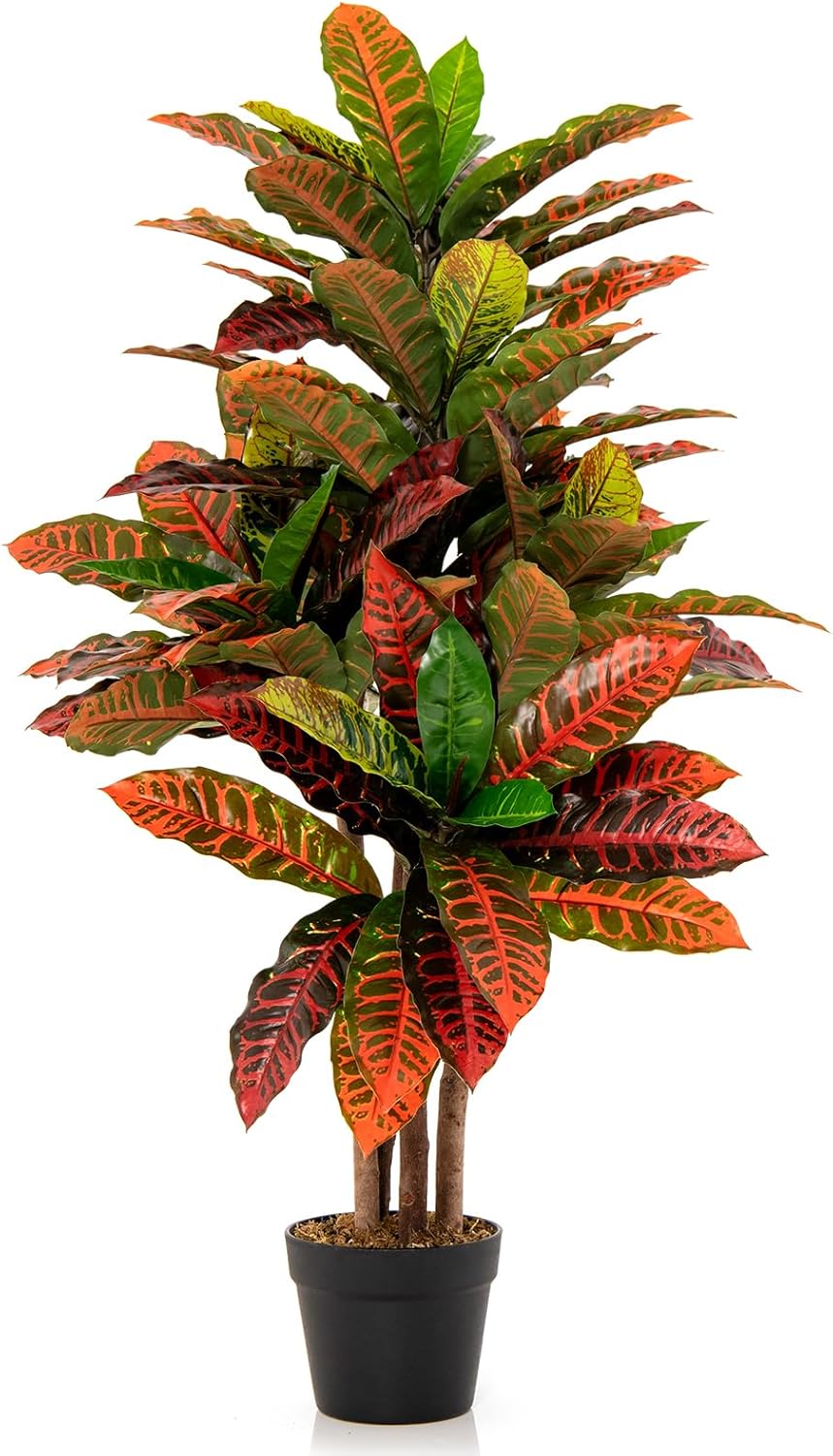 GOFLAME 40” Artificial Croton Plant, Greenery Potted Plant with Colorful Leaves, Natural Wood Trunks, Real Touch Fake Silk Plants, Faux Croton Palm Tree in Pot for Home Office Patio