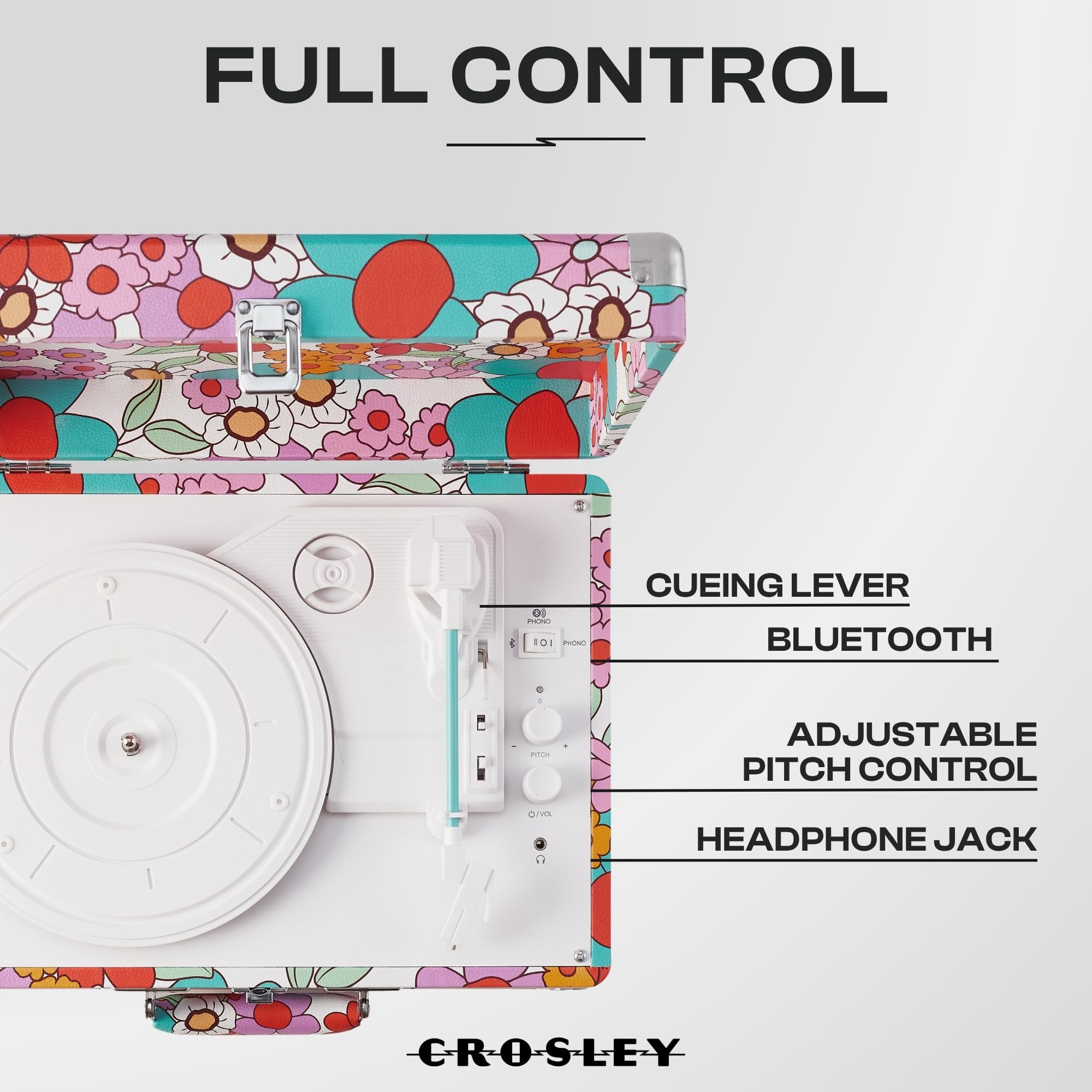 Crosley Cruiser Plus Tourne-Disque rétro avec 2 Haut-parleurs, Bluetooth in & Out et Aux 3 Vitesses, Tourne-Disque rétro, pour Vinyle de 7", 10" et 12", Portable avec Mallette intégrée, Fleurs Groovy