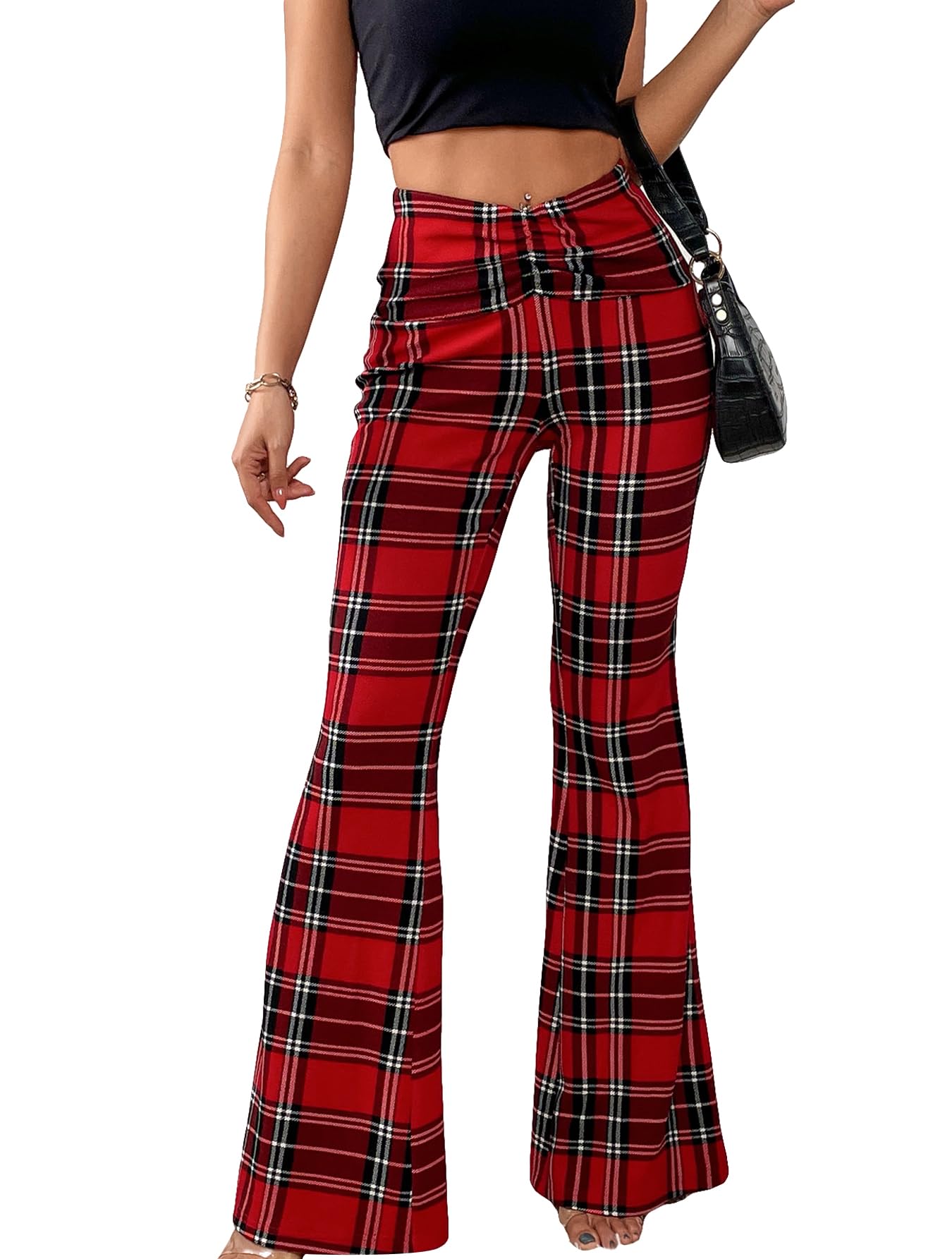 Sweatyrockswwomens Plaid Ruched Elastic Waist Flare Wide Leg Pants