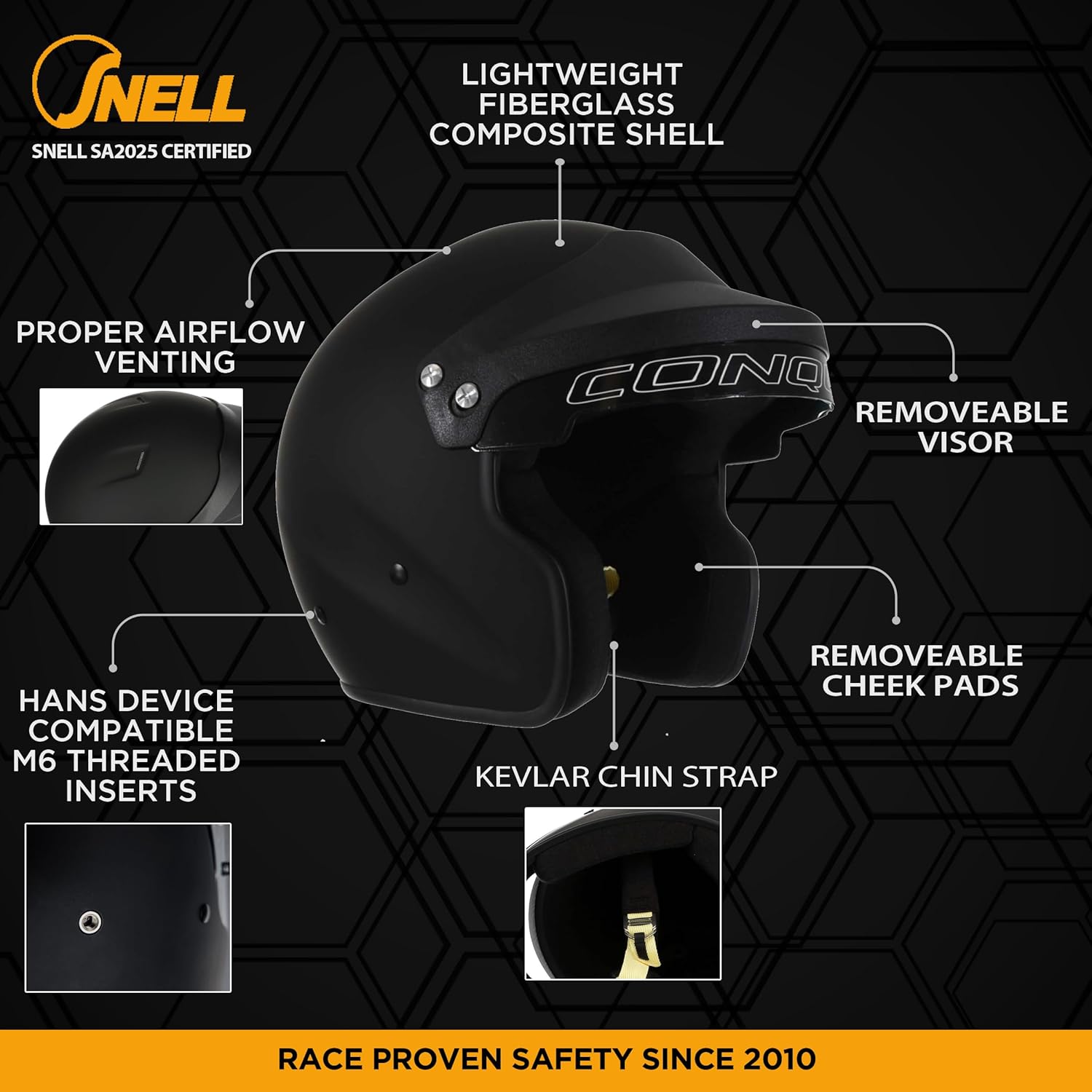 Conquer Snell SA2025 Approved Open Face Auto Racing Race Car Helmet - Adult | Men | Women | Youth - ( Black / White / Silver )