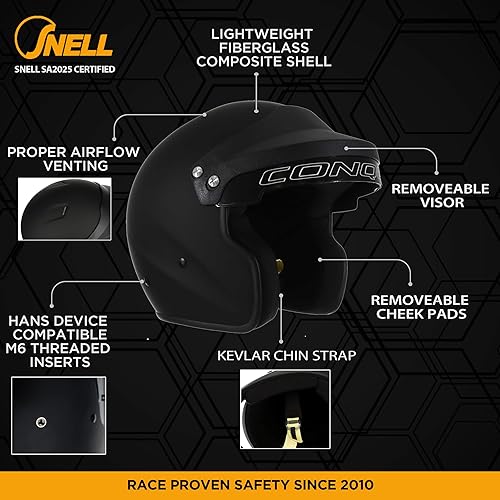 Miniatura 2 de Conquer Snell SA2025 - Casco de carreras de auto de cara abierta aprobado - Adulto Hombres Mujeres Jóvenes - (Negro / Blanco / Plata)