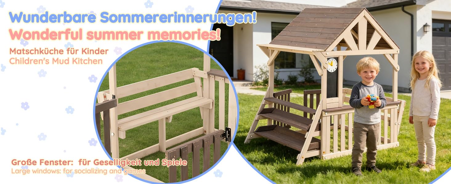 Outdoor-Küchenspielset Holz, regensicheres Dach, Geländer, ab 3 Jahren, für Garten