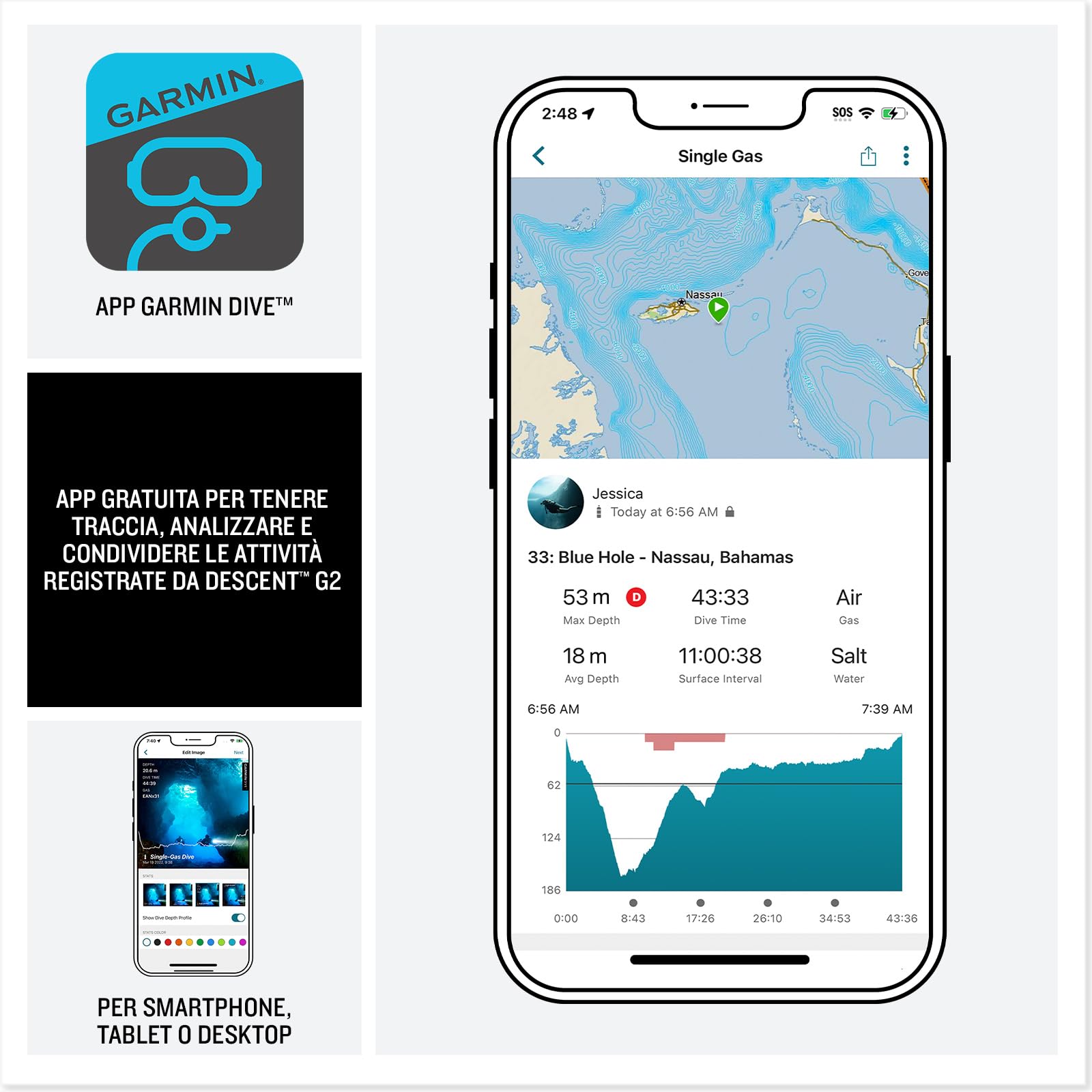 Garmin Descent G2, GPS Smartwatch, Diving, Display Amoled 1,2", Diverse Modalità di Immersione Supportate, Dati sulle Maree, Autonomia fino a 10 giorni, Black