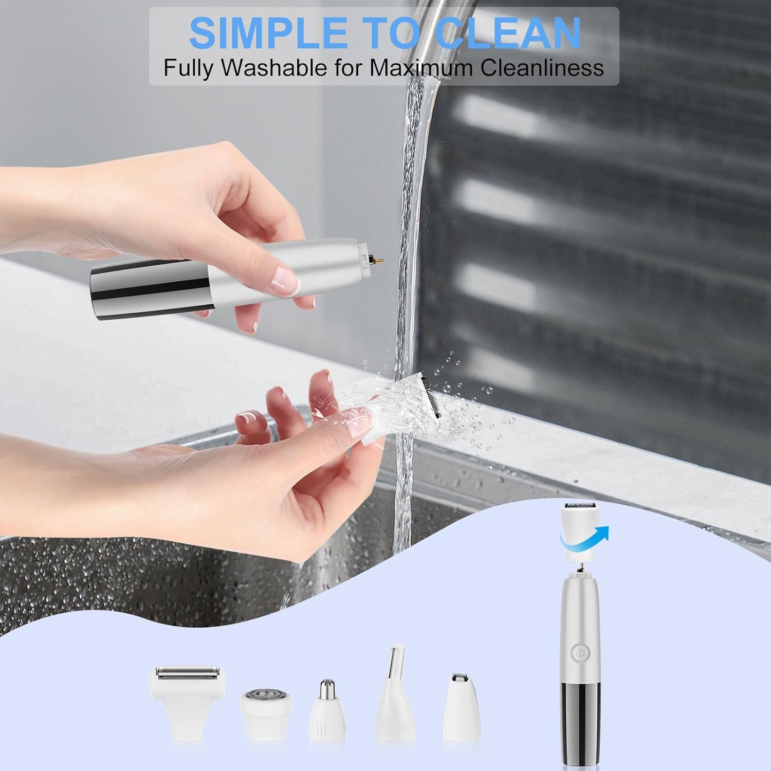 6 in 1 Bikini Trimmer and Shaver Kit for Women, Wet/Dry Electric Body Hair Trimmer Facial Hair Removal Cordless Waterproof Bikini Shaver Razor for Face Nose Eyebrow Arm Leg Pubic Armpit Bikini - Image 7