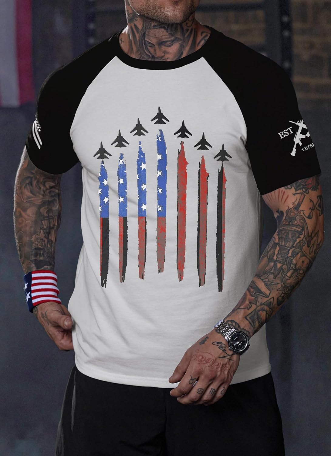 Mainfini Men America Flag Raglan Shirt Muscle Patriotic 4th of July Tee Shirts (S-3XL)
