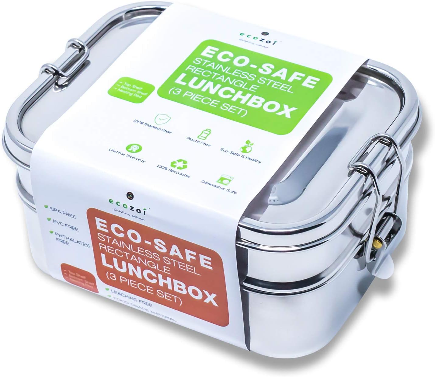 ecozoi Leak Proof Stainless Steel Lunch Box, 3-in-1 Eco Bento Box | Redesigned Silicone Seal + Bonus Lunch Pod | Sustainable Tiffin Eco Friendly Metal Bento Box Food Storage Containers