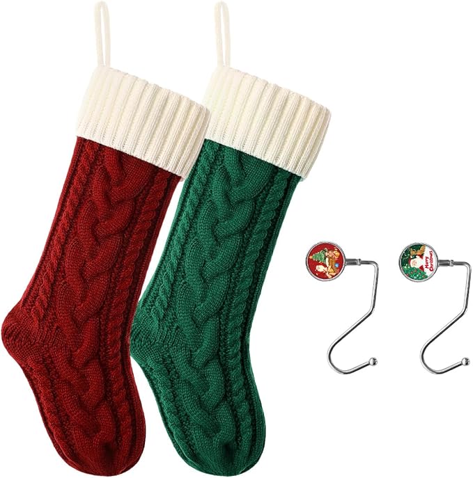 Christmas Stockings 18 Inches Classic Cable Knitted Set Large Classic Fireplace Hanging Stockings for Kids,Family Stocking Holiday Party Xmas Decoration（Red White,Green White）