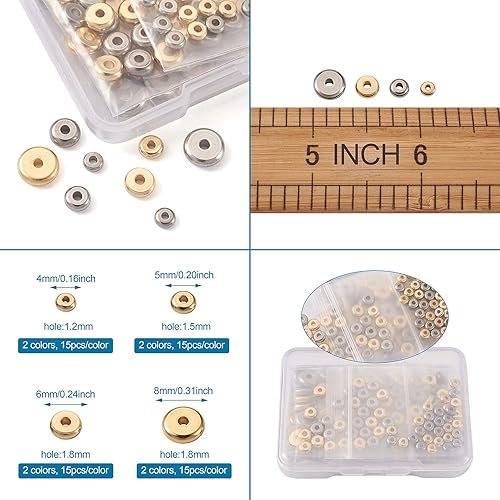 Miniatura 2 de Pandahall 120 cuentas planas redondas de acero inoxidable, 4 tamaños de bola de disco de metal, cuentas sueltas, para pulsera, collar, joyería