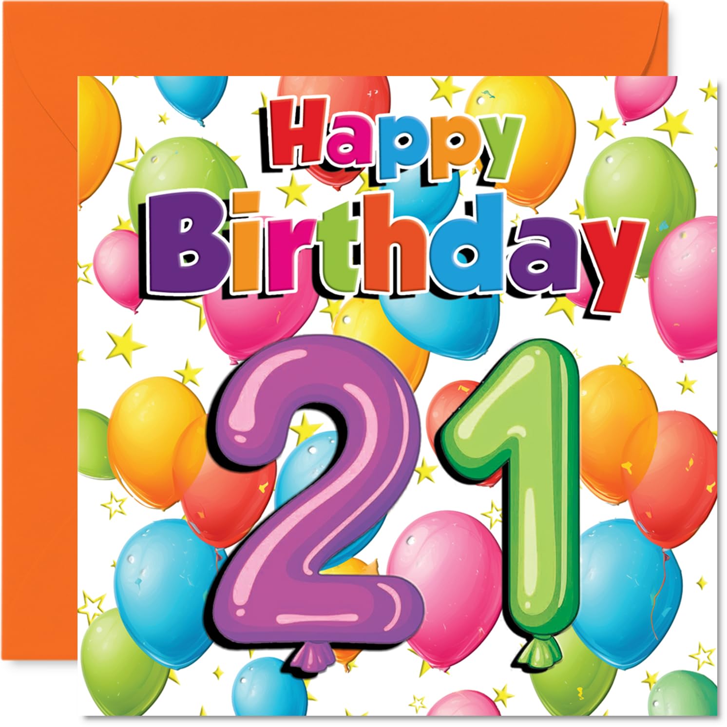 Milestone 21st Birthday Card - Bursting with Birthday Cheer - Colourful Balloons and Stars Design - A Vibrant Way to Mark Their Big 2-1 - 145mm Square, Envelope Included