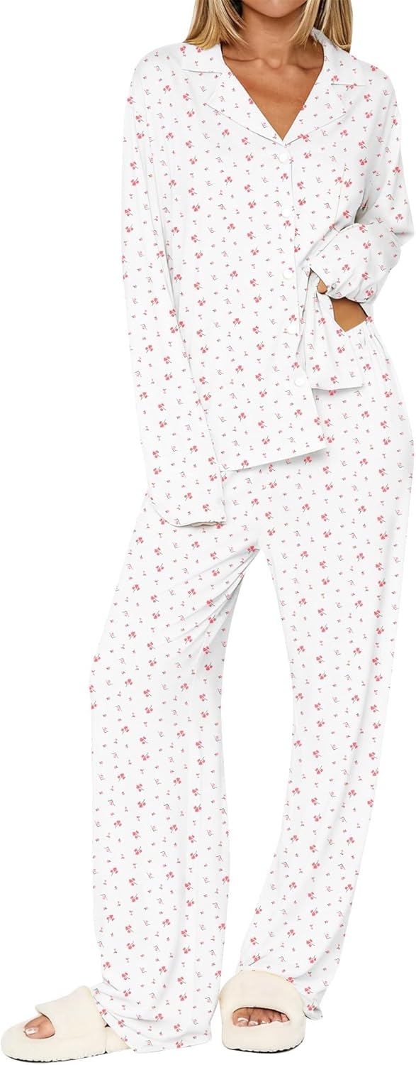 Dressmine Ladies Long Sleeve Cute Pajama Sets 2 Piece Fall Outfits Button Up Pjs Set Loungewear