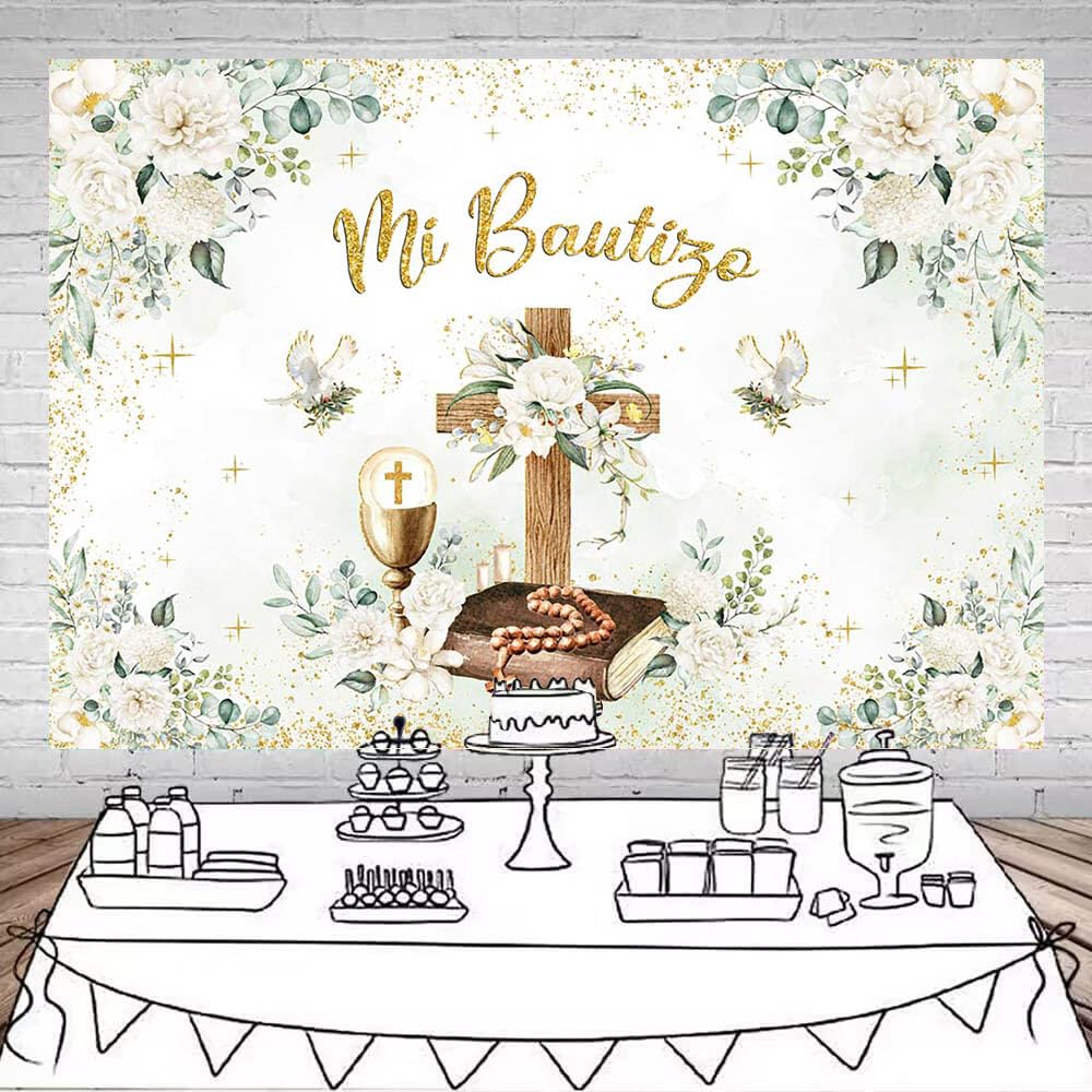 Avezano Mi Bautizo tło "God Bless" białe kwiatowe tło do chrztu, pierwsza komunia, chrzest, baby shower, przyjęcie, fotografia, tło, dekoracje, fotobudka, rekwizyty, 3 x 2 m