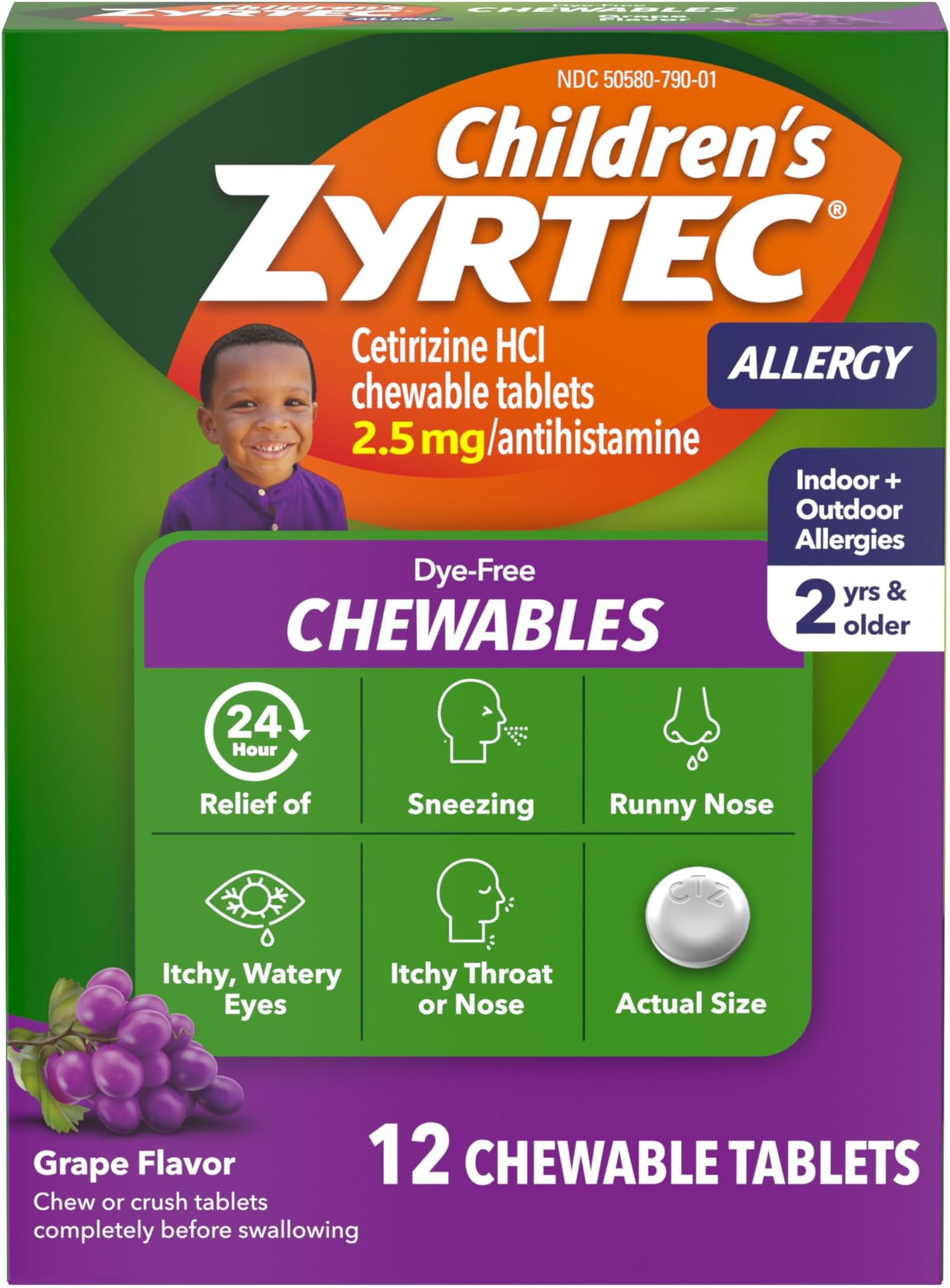 Zyrtec Children's Dye-Free Chewables for 24 Hour Allergy Relief, 2.5 mg Cetirizine Hydrochloride Antihistamine Tablets, Kids Allergy Medicine Relieves Sneezing & Itchy Throat, Grape, 12 ct