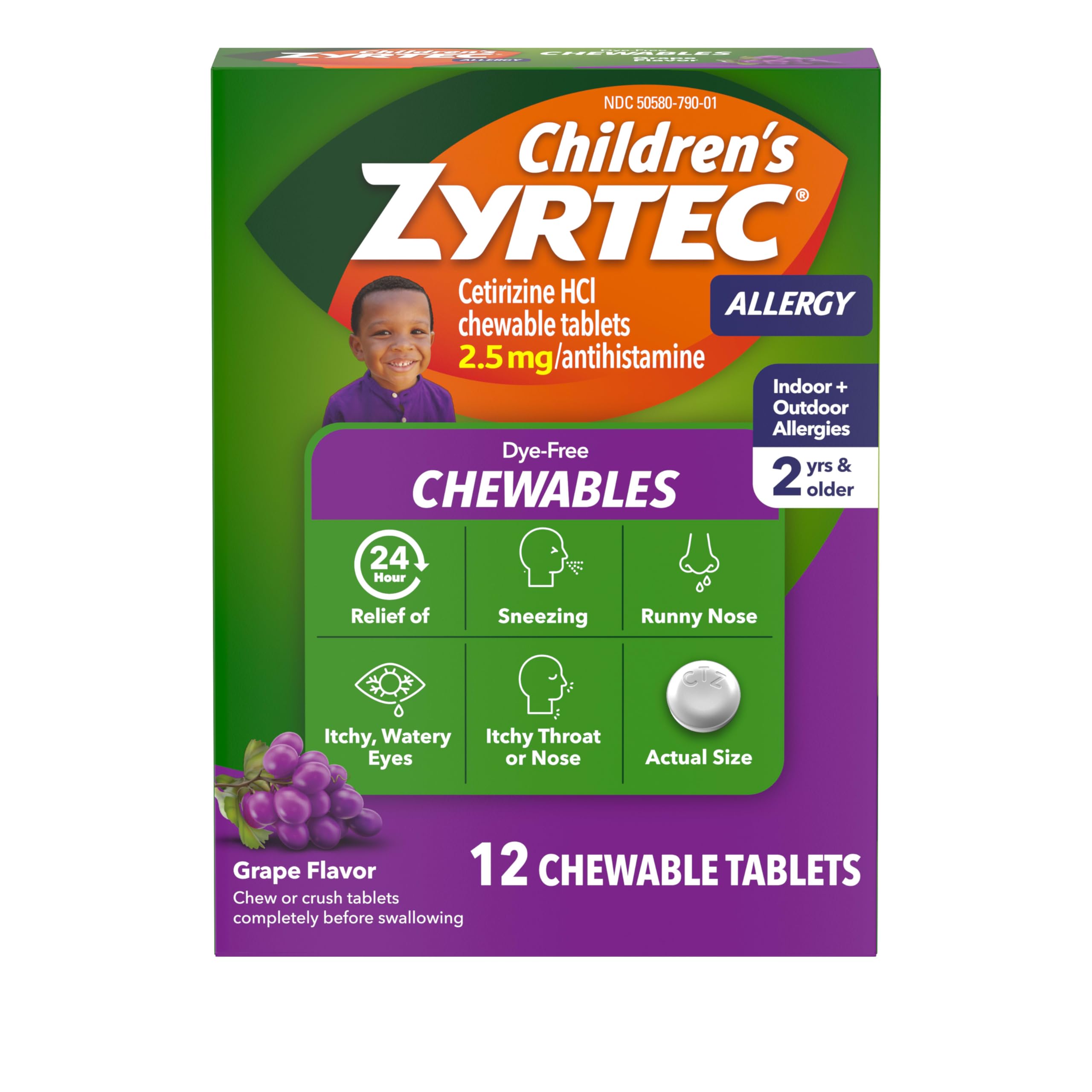 Zyrtec Children's Dye-Free Chewables for 24 Hour Allergy Relief, 2.5 mg Cetirizine Hydrochloride Antihistamine Tablets, Kids Allergy Medicine Relieves Sneezing & Itchy Throat, Grape, 12 ct 2.5mg 12 Count (Pack of 1)