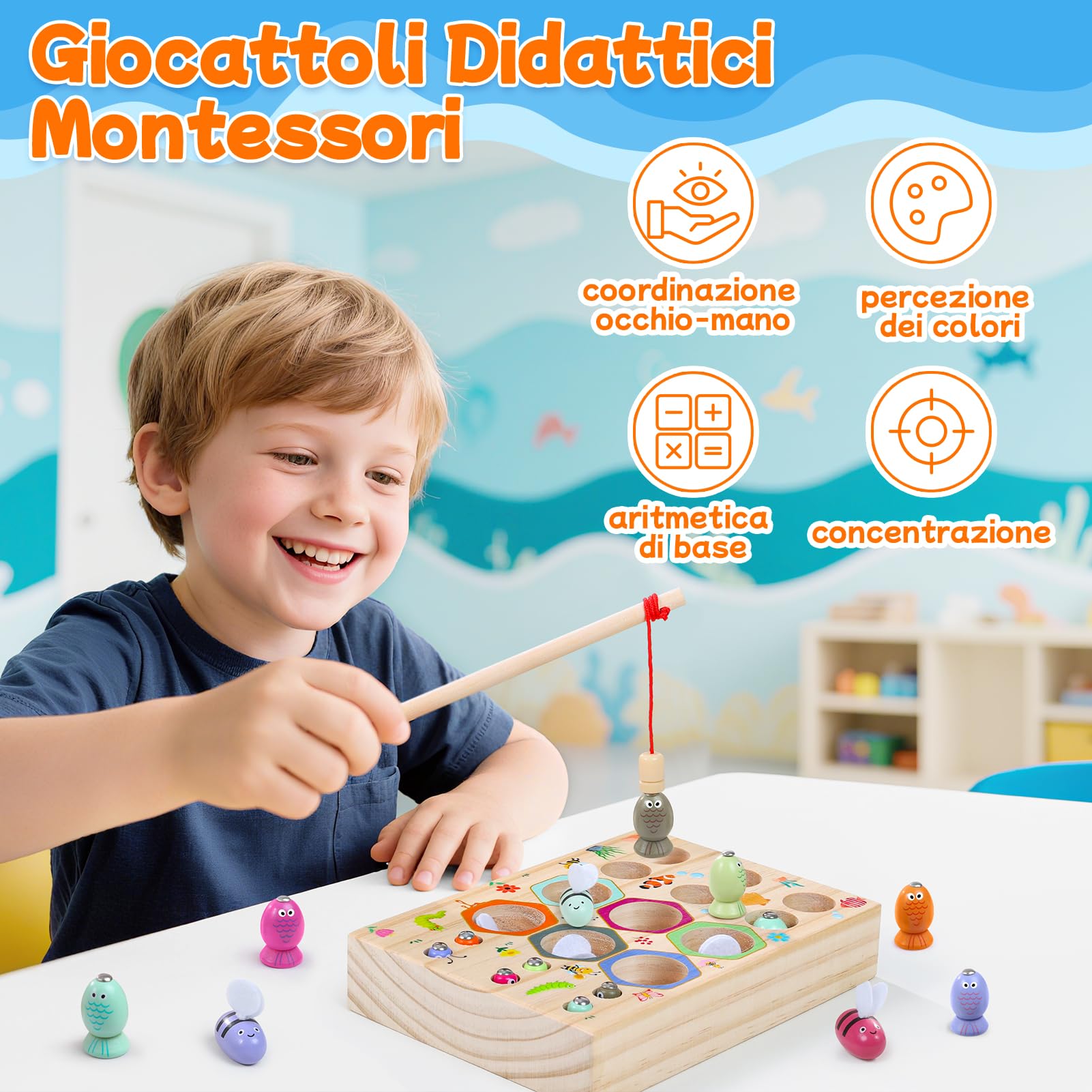 Gioco di Pesca Magnetico, 3 In 1 Giocattoli da Pesca in Legno per Bambini, Giocattoli Montessori, Giochi Educativi, Regalo per Compleanno di Natale di 3 Anni per Ragazzo e Ragazza