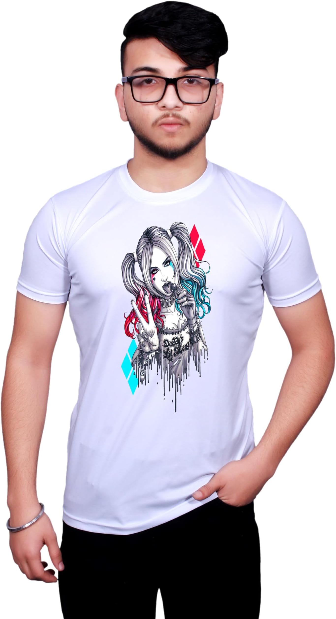 NITYANAND CREATIONSMen's & Women's Round Neck Half Sleeve Harley Quinn Black and Colour Graphic Printed White T-Shirt