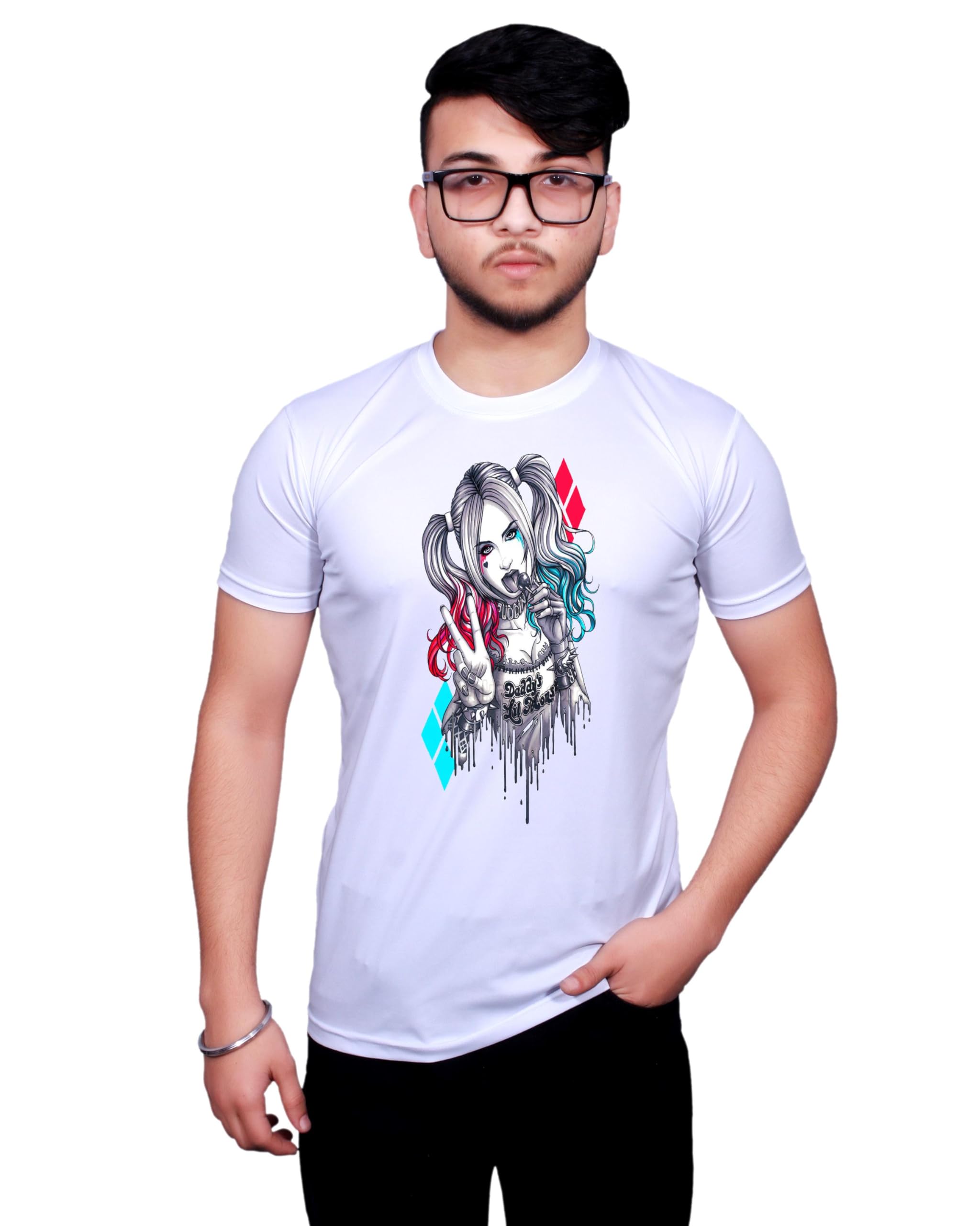 NITYANAND CREATIONSMen's & Women's Round Neck Half Sleeve Harley Quinn Black and Colour Graphic Printed White T-Shirt