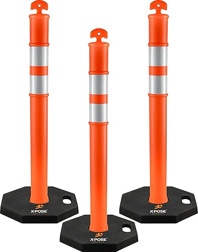 Poste delineador de 44 pulgadas con base, paquete de 3, puntal de tráfico naranja con banda reflectante de 10 pulgadas, base de goma octogonal de 13