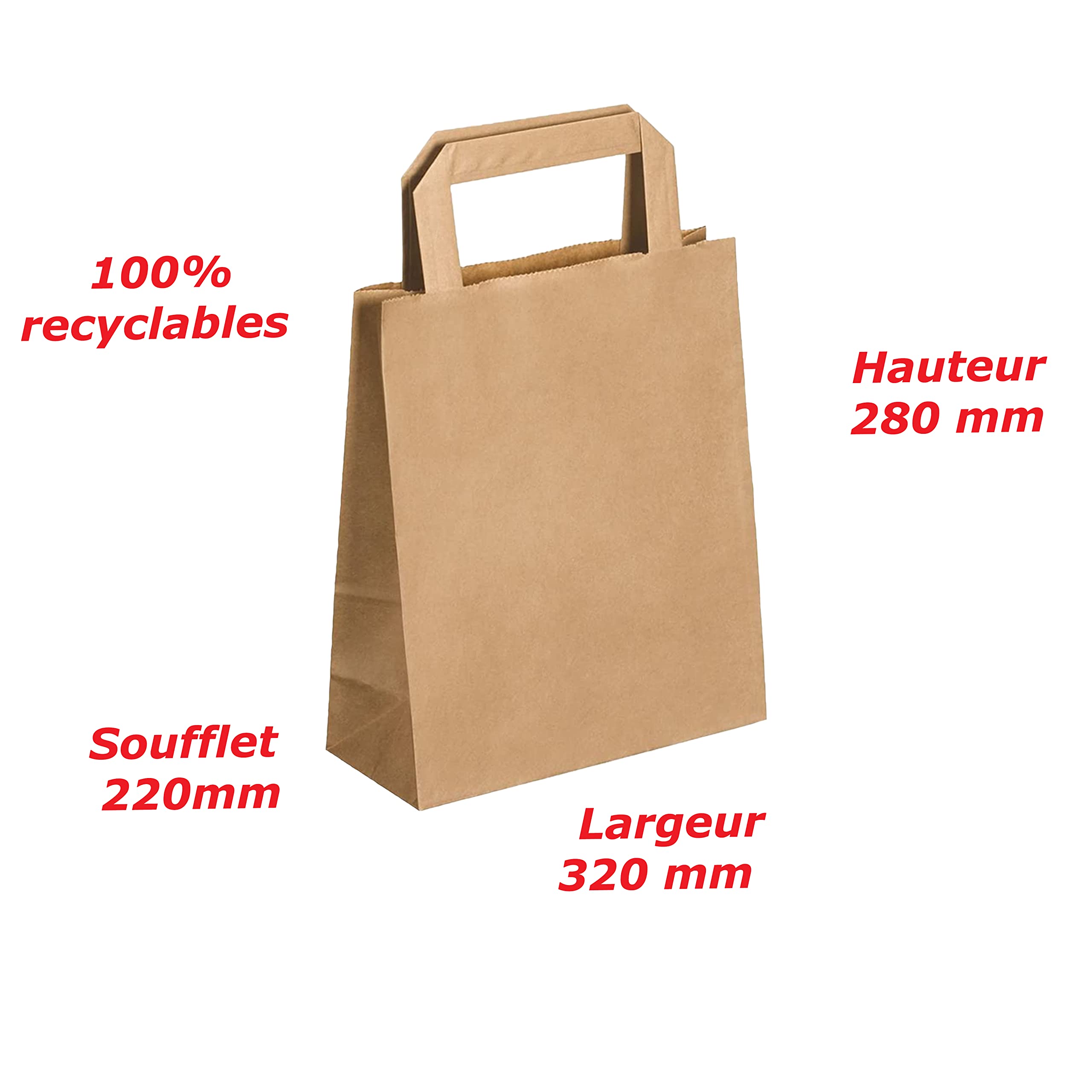 JeCo - Lot de 100 Sacs Cabas en Papier Kraft Brun avec poignée Plate 32 x 22 x 28 cm 19 litres résistant Papier 80g/m² Sac Marron Havane Vente à emporter Emballage Commerce Sac Cadeau