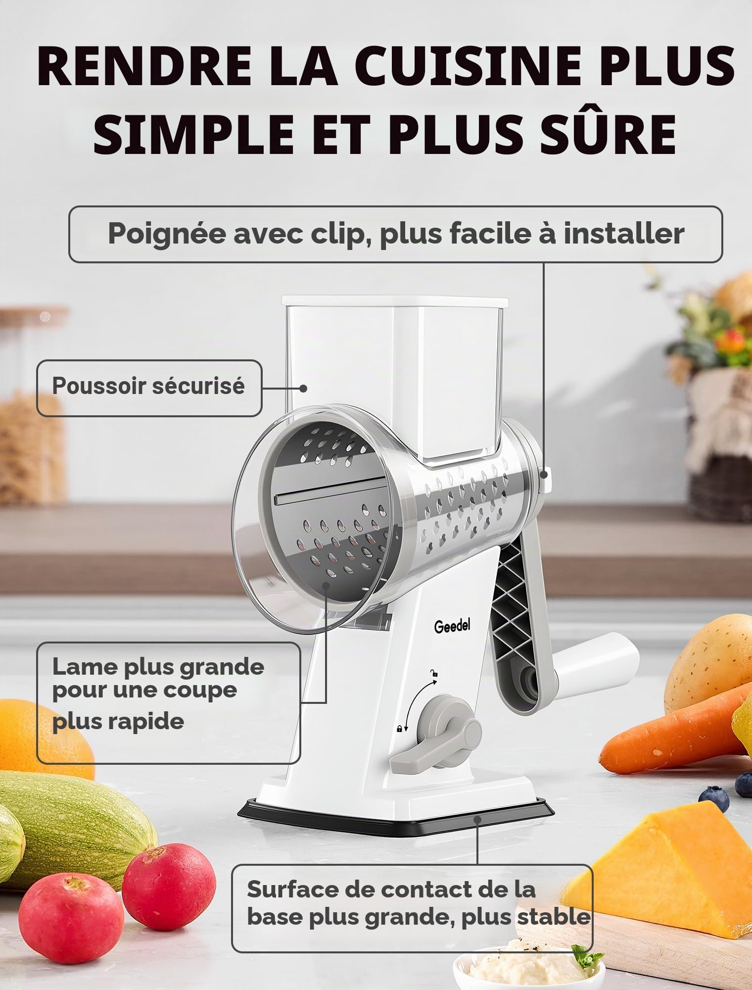 Geedel Rape a Fromage, Rapeuse Legume Multifonctionnelle avec 4 Lames Remplaçables, Rape Fromage avec Poignée, Decoupe Legumes Coupe Rapide, Facile à Nettoyer, Couper Carotte Concombre Patate, Blanc