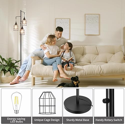 Miniatura 4 de Sucolite Lámpara de pie regulable de 69 pulgadas para sala de estar, lámpara de pie industrial de árbol de 3 luces, color negro con jaulas, lámpara