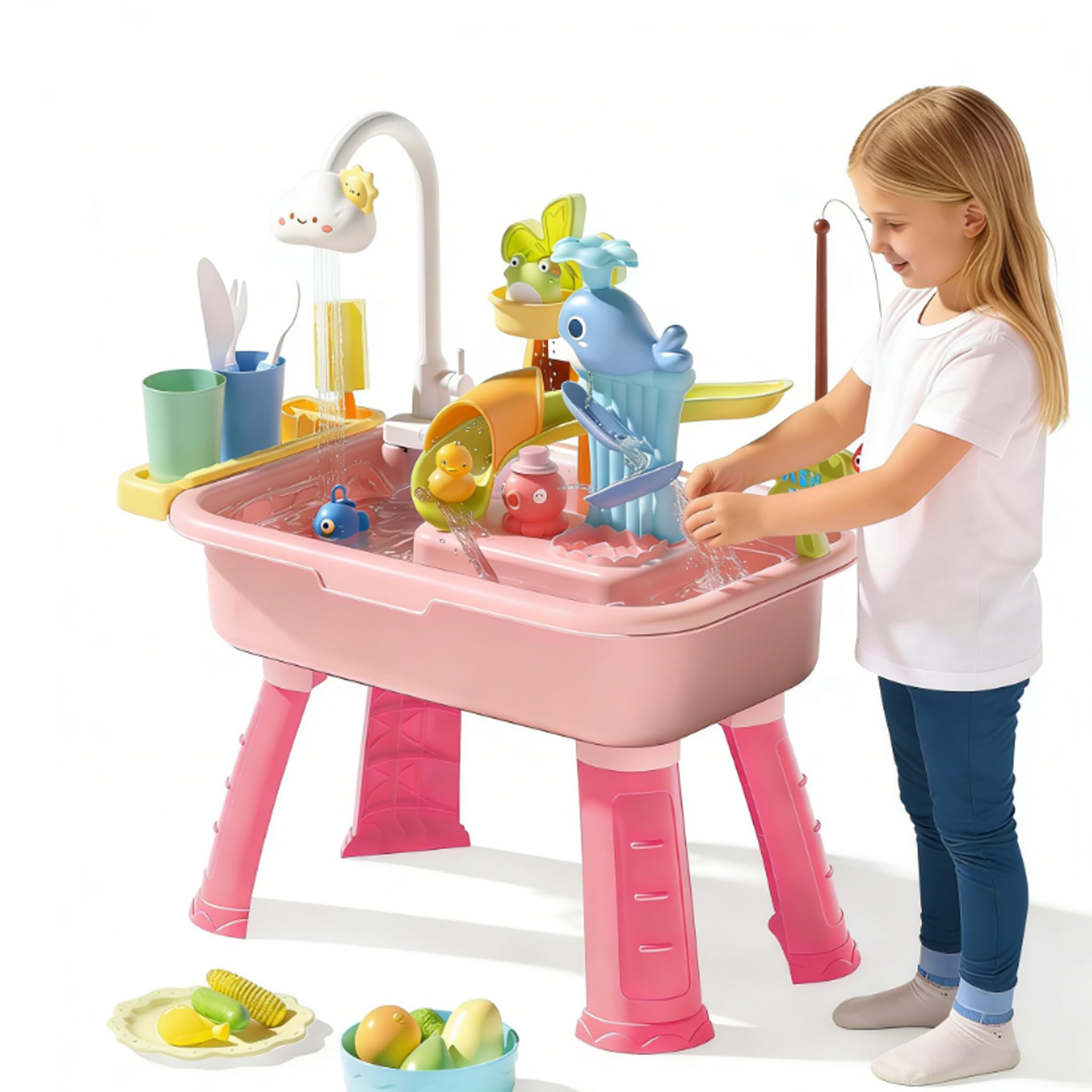 ZVD Table d'eau pour Enfants, Jeux extérieur Enfant avec Robinet à 180°, évier de Jeu à Eau Courante, Pieds Amovibles, Jouet d'eau intérieur pour Maison et Jardin, école Maternelle (Rose)