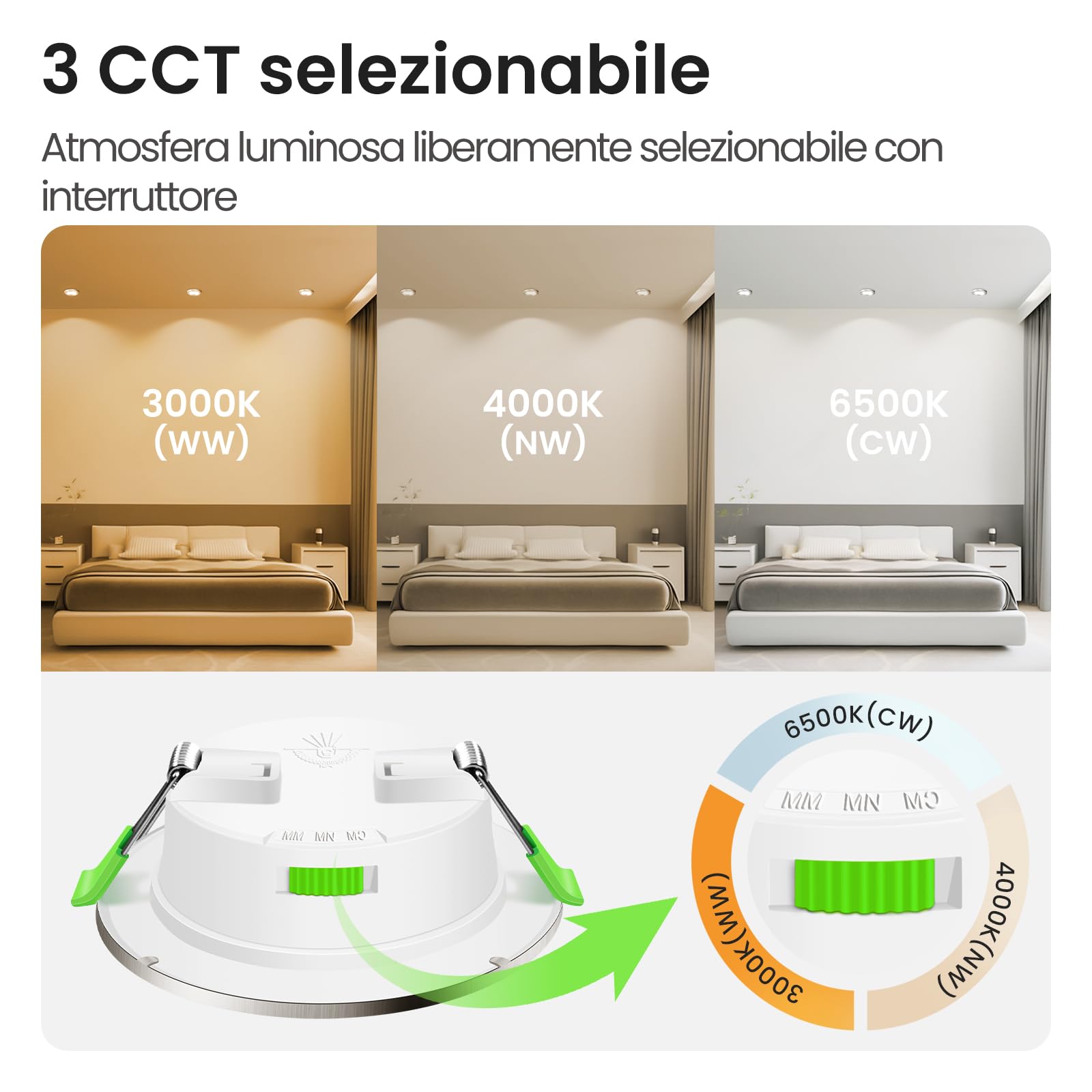 ALUSSO Faretti LED da Incasso per Cartongesso,4W 310LM 230V Luci da Soffitto Interno,Foro Incasso Ø55-68mm,3CCT 3000K 4000K 6500K Faretto led incasso IP44 per Cucina,Bagno,Set di 12,Nichel