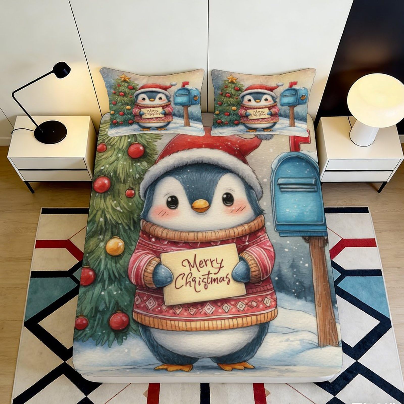 3D Printed Christmas Penguin Fitted Sheet Microfiber Soft Anti-Slip Xmas Tree Bed Cover for Bedroom Guest Room Mattress Protection 180x200x25cm