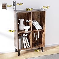 Vista 3 de Estantería de 4 cubos, estantería abierta moderna de mediados de siglo, estantes de 2 niveles con patas de madera, estantes cortos de color marrón