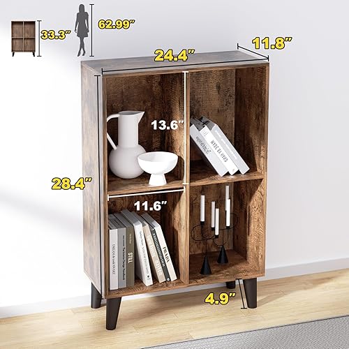 Miniatura 3 de Estantería de 4 cubos, estantería abierta moderna de mediados de siglo, estantes de 2 niveles con patas de madera, estantes cortos de color marrón