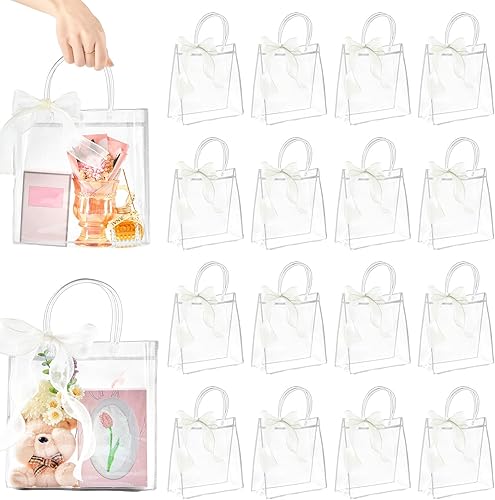 CLUEWR Paquete de 16 bolsas de regalo transparentes con asa, bolsas reutilizables de plástico PVC para regalo con cinta, bolsas de regalos de