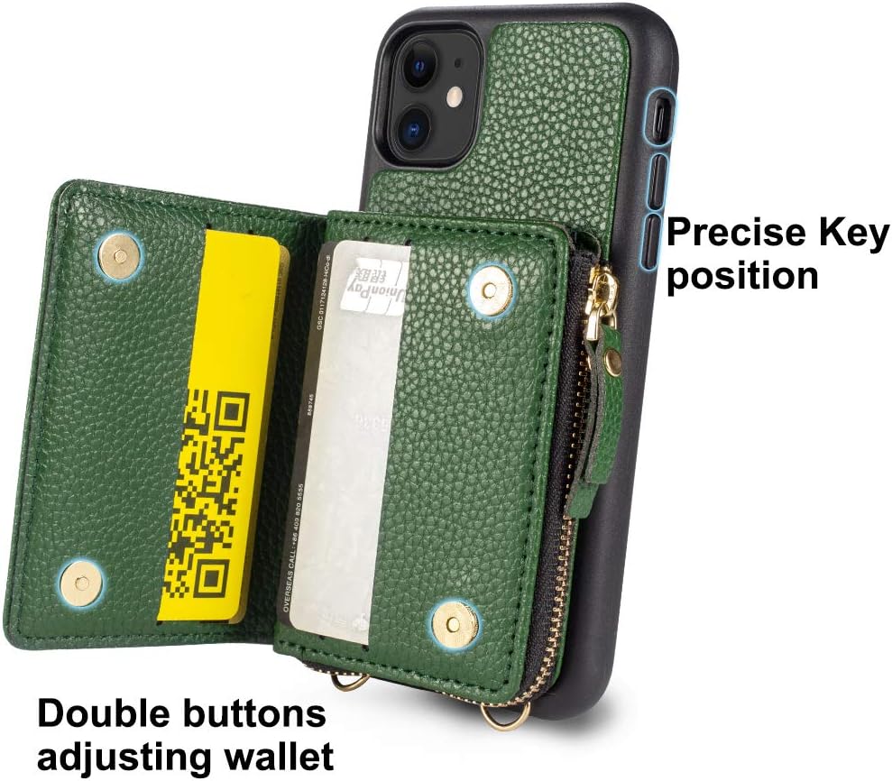 LAMEEKU iPhone 11 Wallet Case iPhone 11 Zipper Wallet Case with Card Holder, Leather Handbag Case with Crossbody Chain Strap,Compatible with Apple iPhone 11, 6.1 inch- Dark Green