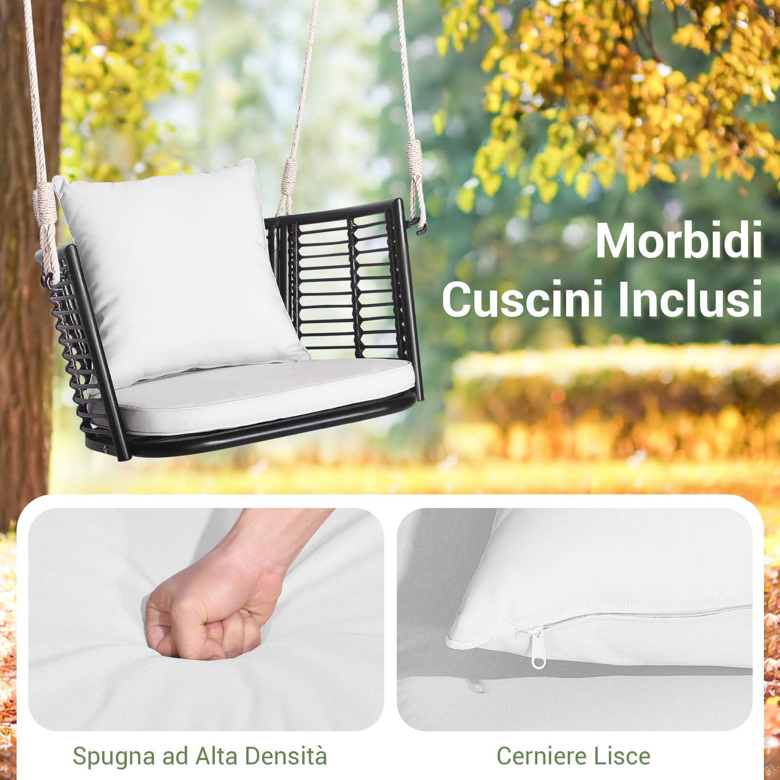 COSTWAY Altalena da Giardino in Rattan PE, con Cuscino (Bianco)