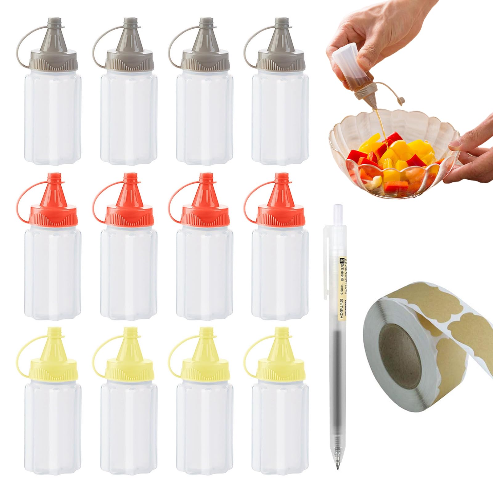 Rthynti Mini Kitchen Sauce Bottles, 12 Pcs Mini Seasoning Squeeze Bottles, Squeezable Sauce Container, Mini Condiment Squeeze Bottles for Salad Dressing, Ketchup, Soy Sauce, Honey