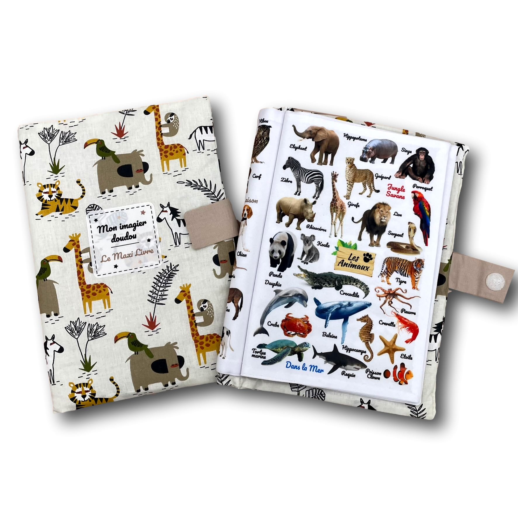 Livre d'éveil éducatif en tissu imagier photo Format A4 couverture savane, thèmes animaux, repas, véhicules, couleurs et mots