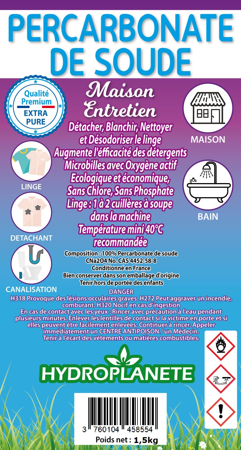 HYDROPLANETE Percarbonate de Soude 1kg 1,5kg 2,5kg 5kg 10kg 20kg - Haute pureté - Blanchissant écologique et polyvalent - pour une maison éclatante de propreté!
