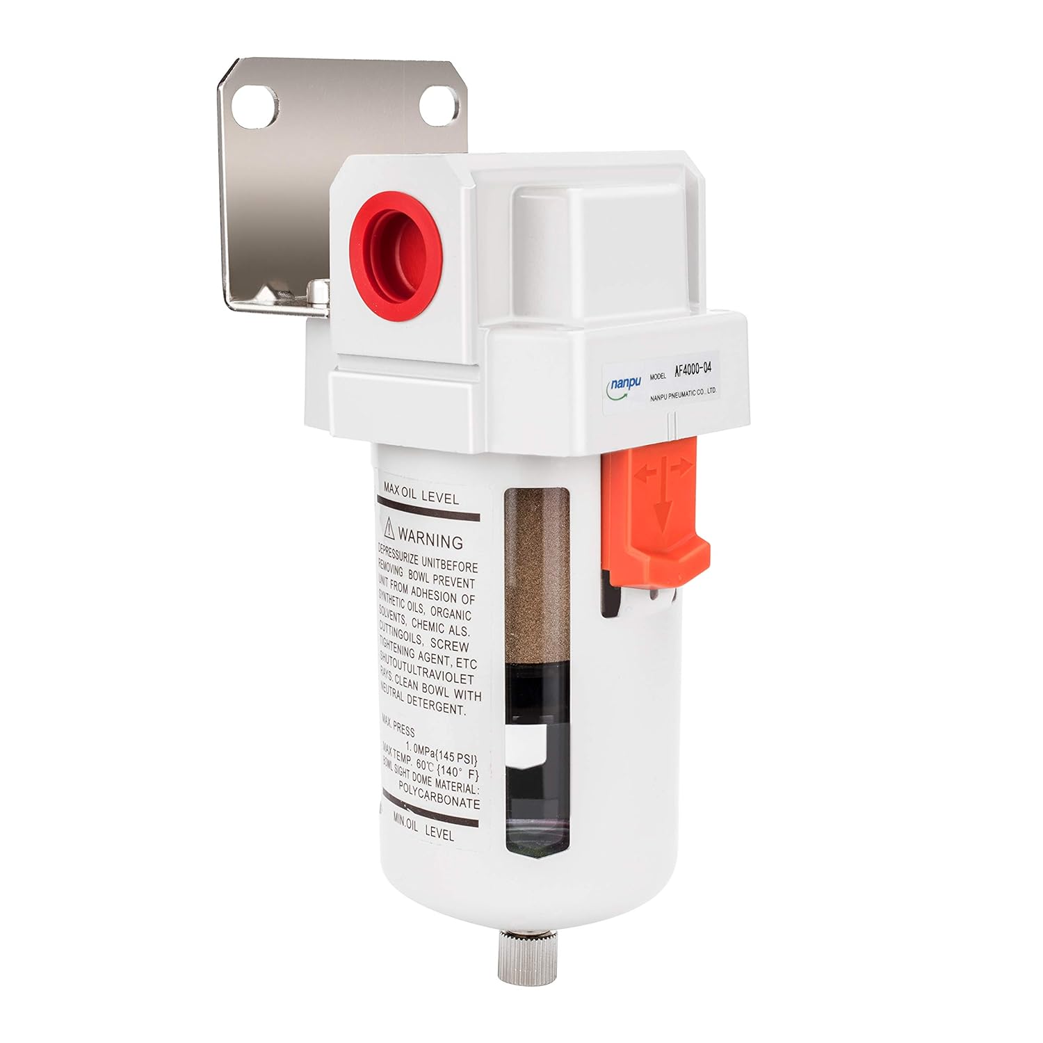 NANPU 1/2" NPT Compressed Air Line Filter, 5 Micron Brass Element, Bracket, Poly Bowl, 145 psi - Image 7