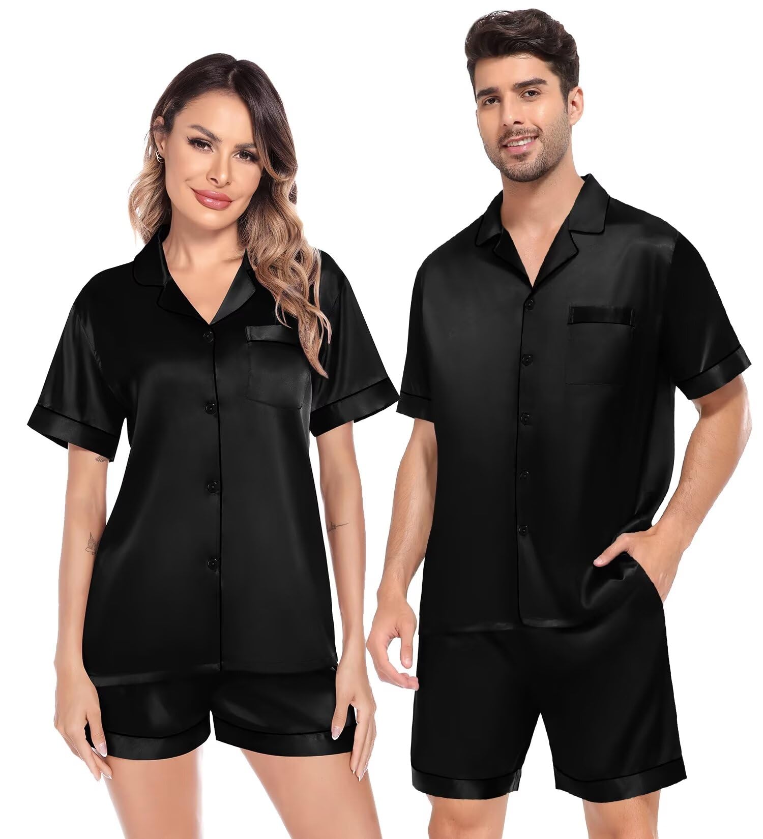 SWOMOG Satin Matching Pajamas Sets Couple Silk Button Down Nightwear Women & Men Short Sleeve Sleepwear 2 Pieces Loungewear